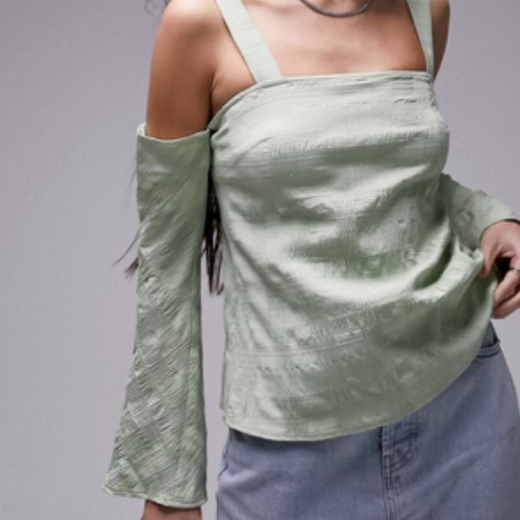Topshop Textured Cold Shoulder Top Light Green Size 4 NWT in Package! - Picture 5 of 5
